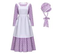 Funhoo Costume da cameriera vittoriana da donna, abito da pioniere floreale, con cofano e grembiule, abbigliamento modesto vestito coloniale della prateria a maniche lunghe (viola, S)