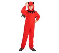 Funidelia Costume da diavolo per bambino, Include tuta con ali, cappuccio e coda, Demone, Diavolo - Completo per bambini per feste, Carnevale e Halloween - Taglia 5-6 anni