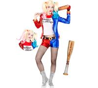 Funidelia Costume Ufficiale di Harley Quinn con parrucca e mazzuolo gonfiabile - Suicide Squad per donna, Supereroi, DC Comics - Completo per adulti per feste, Carnevale e Halloween - Taglia XS