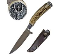 Funk - Coltello tradizionale in corno di cervo con coperchio decorativo, cervo di Hubertushy, antiruggine, prodotto naturale combinato con acciaio, per gli amanti dei costumi tradizionali