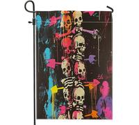 Funky Groovy Fun Halloween scheletro anteriore cortile cortile cortile bandiere da giardino verticale 12 x 18 double face per esterni, strano teschio spaventoso piccole bandiere per prato