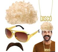 Funky Parrucca da discoteca | Afro - Costume hippie || Anni 70 Hippie Afro capelli con occhiali da sole || Baffi, collana e occhiali da sole - anni 50/60/70