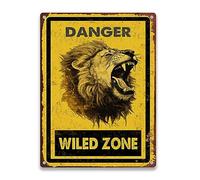 Funky Tin Sign Danger Wild Zone Lion For Treat Home Bar Cafe Farm Store 30,5 x 40,6 cm
