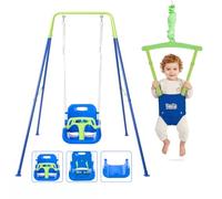 FUNLIO Set altalena 2-in-1 per neonati e bambini, altalena e jumper robusti con 4 sacchetti di sabbia, supporto metallico pieghevole per interno/esterno, facile montaggio e conservazione-blu-verde