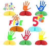 Funmemoir 8 decorazioni per feste di compleanno Hi Five, decorazioni per 5° compleanno per ragazzi e ragazze, centrotavola a nido d'ape, decorazione da tavolo per 5 anni