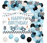 Funmemoir Blue Race Car Decorazioni per feste di compleanno Palloncino Ghirlanda Arco Kit con Buon Compleanno Sfondo Bandiere a Scacchi Let's Go Racing Fast One Two Fast Two Curious Party Decorazioni