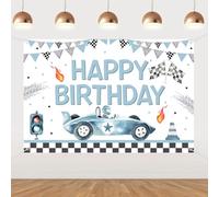 Funmemoir Blue Race Car Decorazioni per feste di compleanno per ragazzo - Happy Birthday Backdrop, Fast One Two Fast Two Curious Photography Sfondo 1,5 x 0,9 m per feste vintage con auto da corsa blu