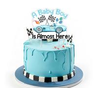 Funmemoir Decorazione per torta con auto da corsa blu per bambino - A Baby Boy Is Almost Here, decorazione per torta vintage blu Let's Go Racing Car per feste di gravidanza