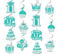 Funmemoir Decorazioni per 11° compleanno per ragazze, 24 pezzi, turchese Happy 11th Birthday Party Vortici da appendere, color foglia di tè e argento It 's My 11th Party Spiral Hangings