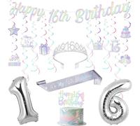 Funmemoir Decorazioni per 16° compleanno per ragazze, argento iridescente Happy It's My 16th Birthday Party Banner Cake Topper Hanging Swirls Crown and Sash per Sweet 16 Years Old Bday Party