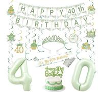 Funmemoir Decorazioni per 40° compleanno da donna, colore verde salvia, striscione per festa di compleanno, decorazione per torte, vortici da appendere, palloncini, corona e fascia per quaranta è il
