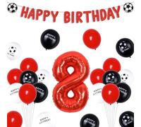 Funmemoir Decorazioni per 8° compleanno a tema calcio, striscione rosso di buon compleanno, palloncino con 8 numeri in alluminio, palloncini stampati su entrambi i lati, decorazione per 8 anni