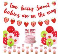 Funmemoir Decorazioni per baby shower a forma di fragola per gemelle, due bacche Sweet Babies Are on the Way, decorazioni per cupcake per torte, striscioni, ghirlanda, palloncini, due gemelli dolci