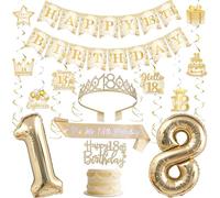 Funmemoir Decorazioni per feste di 18° compleanno per ragazze bianco e oro Happy 18th Birthday Banner Cake Topper Corona e fascia da appendere vortici palloncini per diciotto 18 anni decorazioni per