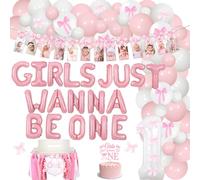 Funmemoir Decorazioni per il 1° compleanno con fiocco rosa - Girls Just Wanna Be One Palloncini in alluminio, striscione fotografico mensile, decorazione per torte, arco a palloncino, striscione per