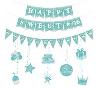 Funmemoir Decorazioni per il 16° compleanno, verde acqua, Happy Sweet 16, Sweet Sixteen vortici da appendere, bandiera triangolare per ragazze turchese Happy 16th Birthday Party Supplies