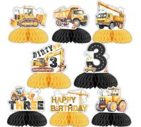 Funmemoir Decorazioni per il 3° compleanno - 8 pezzi centrotavola a nido d'ape, decorazioni da tavola su entrambi i lati per ragazzi trattori escavatori a tema 3 anni festa di compleanno