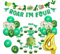 Funmemoir Decorazioni per il 4° compleanno a tema dinosauro, include striscione Roar I 'm Four, topper per cupcake e torte, 4 palloncini con numeri in alluminio, palloncini stampati per ragazzi e