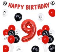 Funmemoir Decorazioni per il 9° compleanno di calcio - Banner rosso a forma di pallone da calcio, palloncino con 9 numeri in alluminio, palloncini stampati su entrambi i lati