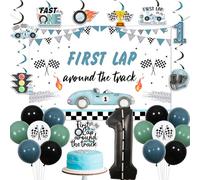 Funmemoir Decorazioni per il primo compleanno di auto da corsa, sfondo con primo giro intorno alla pista, vortici da appendere su entrambi i lati, decorazione per torta, 1 palloncino con numero in