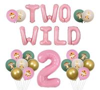 Funmemoir Decorazioni rosa per il 2° compleanno, set di due palloncini selvatici con stampa animali della giungla, 2 palloncini in lamina per ragazze a tema giungla, decorazioni per feste di secondo