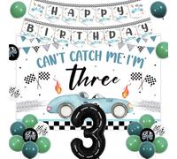 Funmemoir Decorazioni vintage per 3° compleanno con auto da corsa per ragazzi, Can't Catch Me I'm Three, banner di compleanno, palloncini con stampa bandiera da corsa per decorazioni per feste di