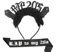 Funmemoir Fascia e diadema per compleanno anni '20, decorazione gotica per 30° compleanno da donna, fascia con spilla, fascia con bordo in pizzo per la morte fino ai miei 20 anni