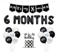 Funmemoir Set di decorazioni di compleanno a tema auto da corsa per 6 mesi, striscione di compleanno con scritta "It's My 1/2 Birthday", topper per torte, palloncini in alluminio, palloncini a scacchi