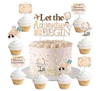 Funmemoir Set di decorazioni per torte vintage per feste di viaggio, con scritta "Let the Adventure Begin, Bon Voyage, Travel Around the World", decorazione per torte a tema per compleanni, baby