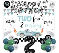 Funmemoir Two Fast Birthday Decorations Boy, Two Fast 2 Curious Backdrop, striscione di buon compleanno con auto da corsa, palloncino in lamina con numero 2 per auto da corsa d'epoca, decorazioni per
