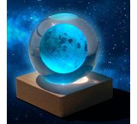 Funmo 60mm Sfera di Cristallo 3D Lunare con Luce Notturna Blu, Luna Lampada Luna 3D ad Incisione Laser con Base in Legno, USB Ricaricabile, Decorazione per Camera da Letto e Regali, Regali Ragazza
