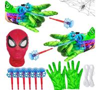 Funnity 2 Sets Verdi Guanti Spider Bambino con Lanciatore, Marve Giocattolo Spara Ragnatele Spider, Maschera Spider Bambino, Costume Spider Bambino per Cosplay Costume Carnevale(C)