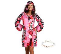 Funnity 70 Anni Costume Hippie Donna, Accessori Hippie Donna Vestito Collana Coroncina Orecchini, Costume Carnevale Donna, Vestito Anni 70 Donna per Costumi Carnevale Cosplay XL