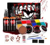 Funnity Set di sangue artificiale per Halloween, plasma sanguigno cagliato, 60 ml, spray per sangue artificiale gocciolante, 60 ml, 12 colori e altri accessori, per carnevale, film, malizia, ferite