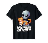 Funny Alien Abduction Orange Tabby Cat Lover Boss Can I Keep Maglietta