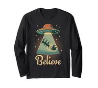 Funny Alien Christmas Believe UFO Santa Abduction Men Women Maglia a Manica