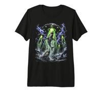 Funny Alien Shark Abduction UFO Great White Graphic Maglietta Premium