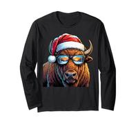 Funny Bison Buffalo with Sunglasses Santa Hat Snow Christmas Maglia a Manica