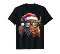 Funny Bison Buffalo with Sunglasses Santa Hat Snow Christmas Maglietta
