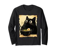 Funny Black Fat Cat Eating Ramen Japanese Kawaii Anime Maglia a Manica