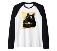 Funny Black Fat Cat Eating Ramen Japanese Kawaii Anime Maglia con Maniche Raglan