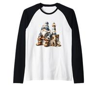 Funny Boat Captain GNOME On Vintage Suitcase And Lighthouse Maglia con Maniche Raglan