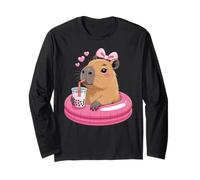 Funny Capybara on Pool Float Drinking Boba Bubble Tea Maglia a Manica
