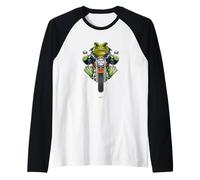 Funny Cartoon Green Frog Riding a Bike Illustration Graphic Maglia con Maniche Raglan