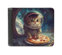 Funny Cat Flying A Pizza Astronauta Portafoglio da uomo Bifold Slim Cash Card Holder Borsa in pelle, Stile:, Taglia unica