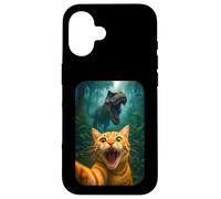 Funny Cat Selfie With T-rex Dinosaur Orange Cat Meme Custodia per iPhone 16