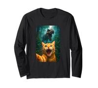 Funny Cat Selfie with T-Rex Dinosaur Orange Cat Meme Maglia a Manica