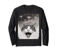 Funny Cat Selfie with UFOs - Alien Adventure Tee Maglia a Manica