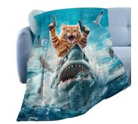 Funny Cat Shark Blanket - Cat Riding Shark Blankeet | Cats Riding on Sea Ultra Soft Throw Blankeet | Ultra Soft Throw Blanket | Home Decor for Divano Couch Chair, Large Bed Blankets for Travel Pi