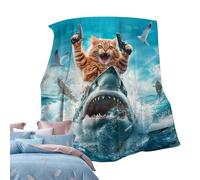 Funny Cat Shark Blanket - Cat Riding Shark Blankeet | Cats Riding on Sea Ultra Soft Throw Blankeet | Ultra Soft Throw Blanket | Home Decor for Divano Couch Chair, Large Bed Blankets for Travel Pi